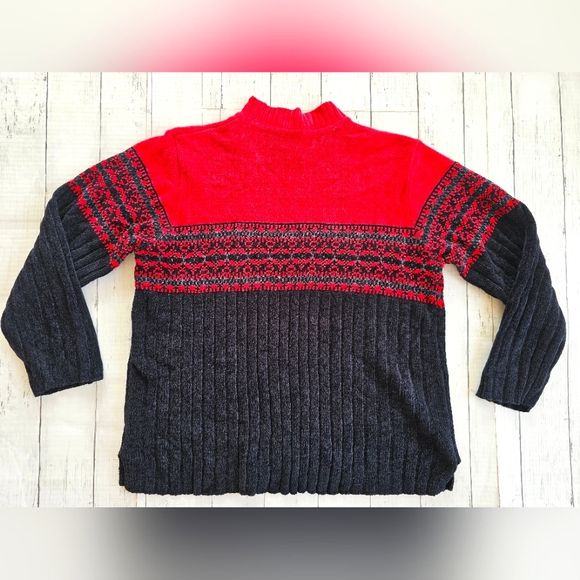 Vintage Jennifer Moore Chenille Black & Red High Neck Fairisle Christmas Sweater - Picture 8 of 15